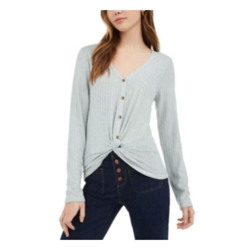 HIPPIE ROSE Womens Top Button Up Light Blue Tie Long Sleeve V Neck Juniors M